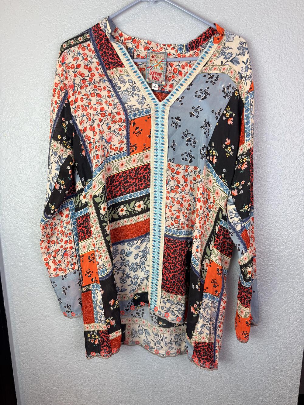 Johnny Was Blouse Womens Small Multicolor Patchwork Floral Embroidered Tunic